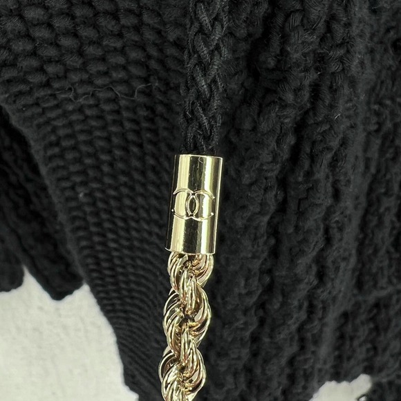 CHANEL 2010 Sweater Womens 34 Black Chain Details Open Cardigan Cotton Chunky - Picture 12 of 16